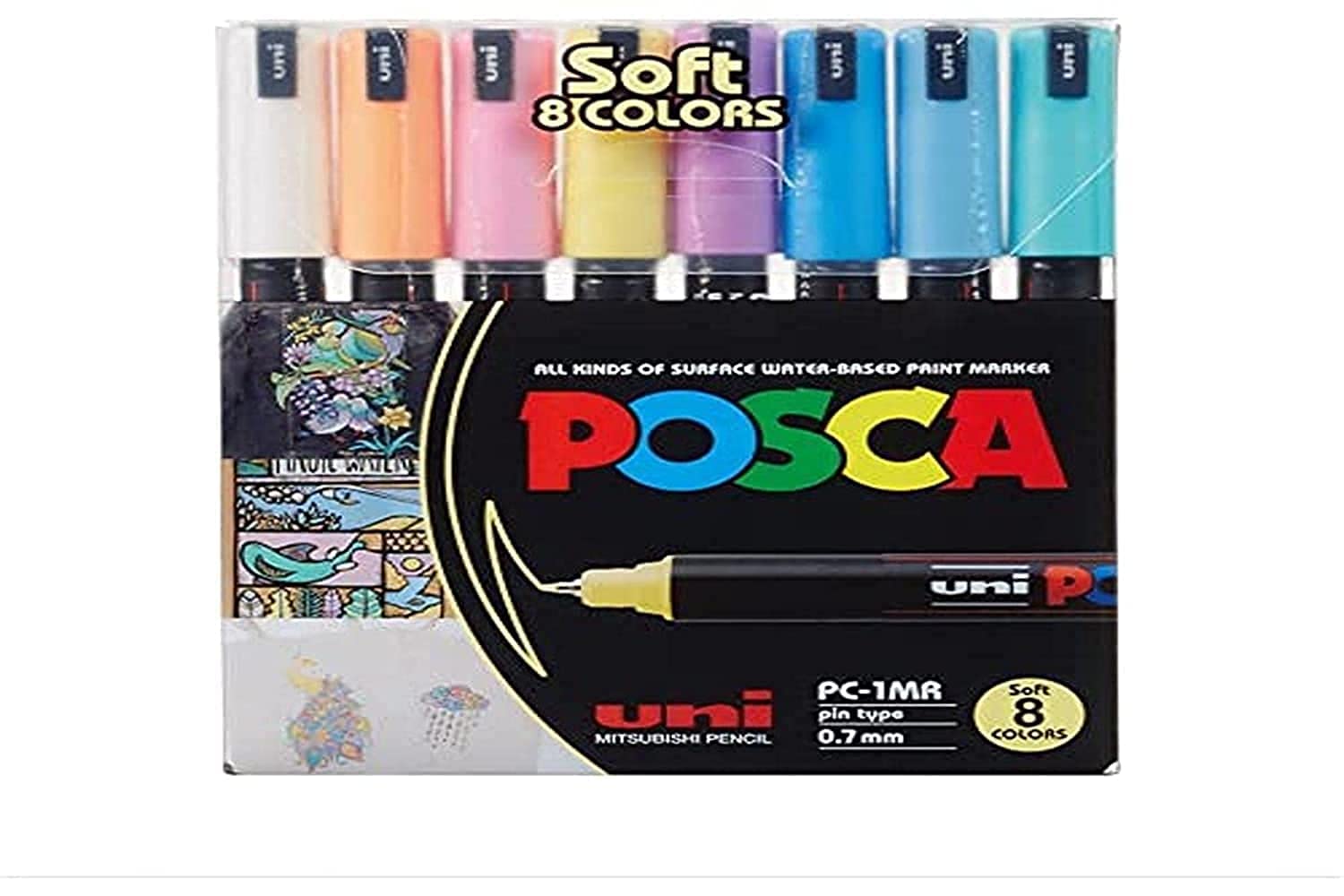 Posca Markers Set, 8 Extra Fine Paint Markers 1MR – Soft Tones – White, Sunshine Yellow, Apricot, Light Pink, Coral Pink, Lavender, Light Blue, Aqua Green