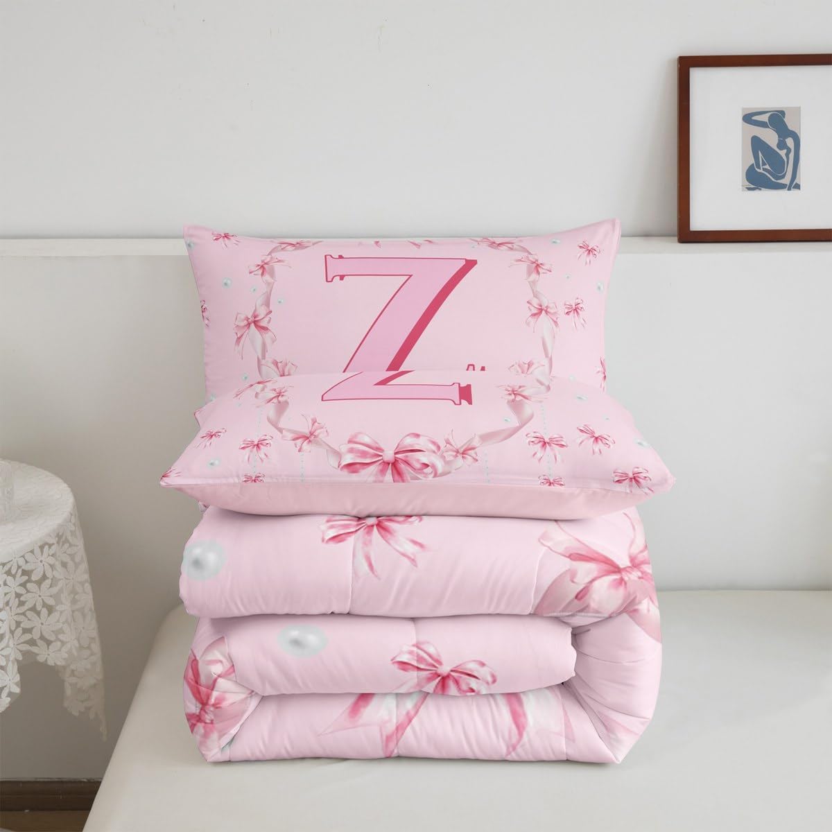 Erosebridal Pink Princess Style Bedding Comforter Sets Initial Letter Z Comforter Set Twin Size for Kids Girls Teen Women,Cute Kawaii Pearl Bwoknot Bedding Set Romantic Chic Letter Bow Quilt Duvet