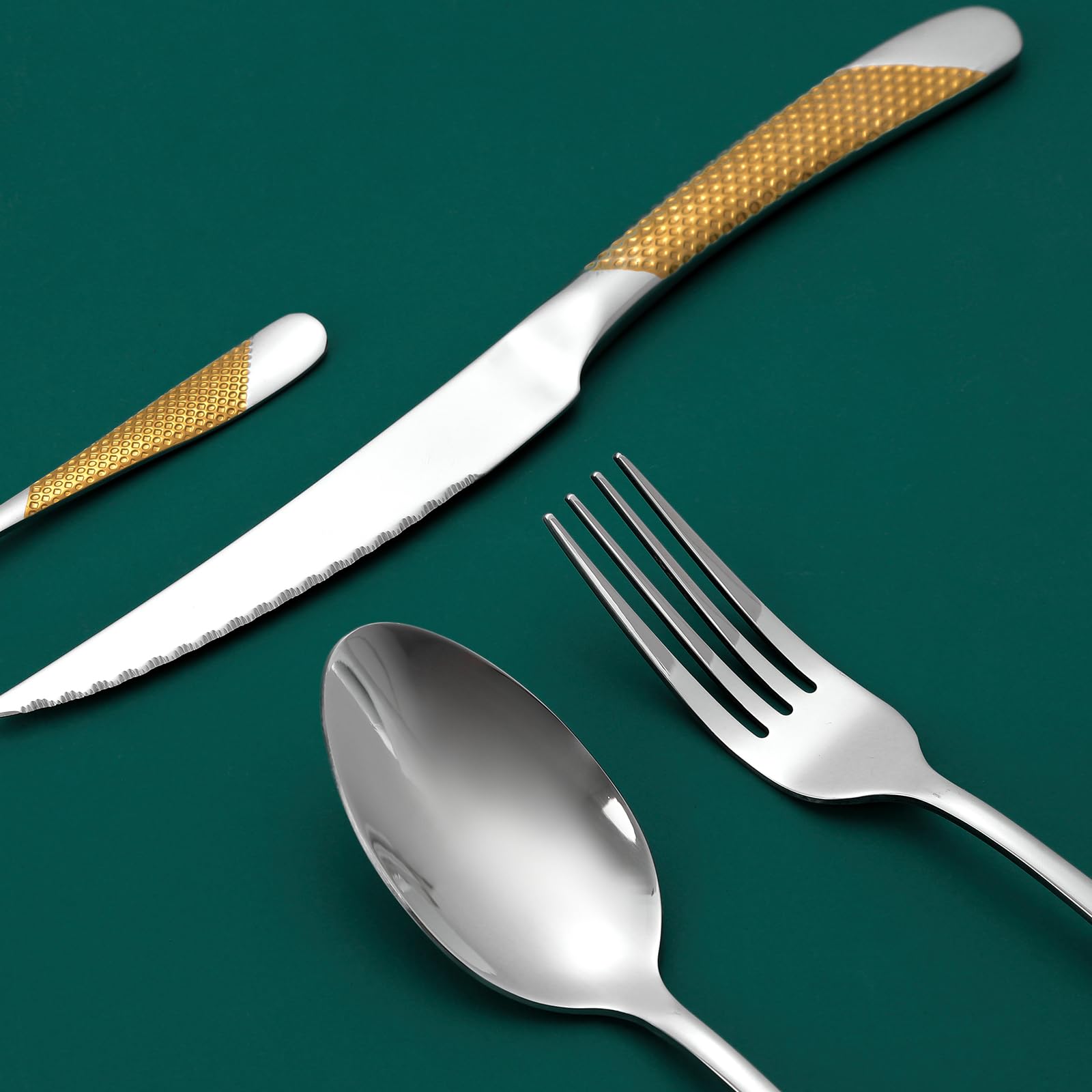 24-teiliges gehämmertes Besteckset, 18/10 Edelstahlbesteck, Besteckset für 6 Personen, Messer-Gabel-Löffel-Set(Gold Silber)