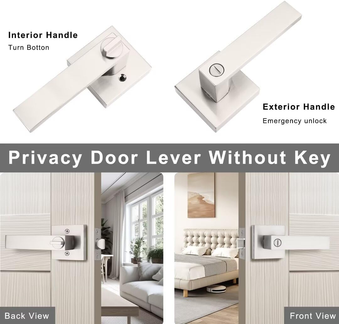 4 Pack Square Privacy Lever Door Handles with Lock, Brushed Nickel Keyless Door Locks for Bedroom or Bathroom, Heavy Duty Interior Door Knobs, Reversible for Left Right Doors