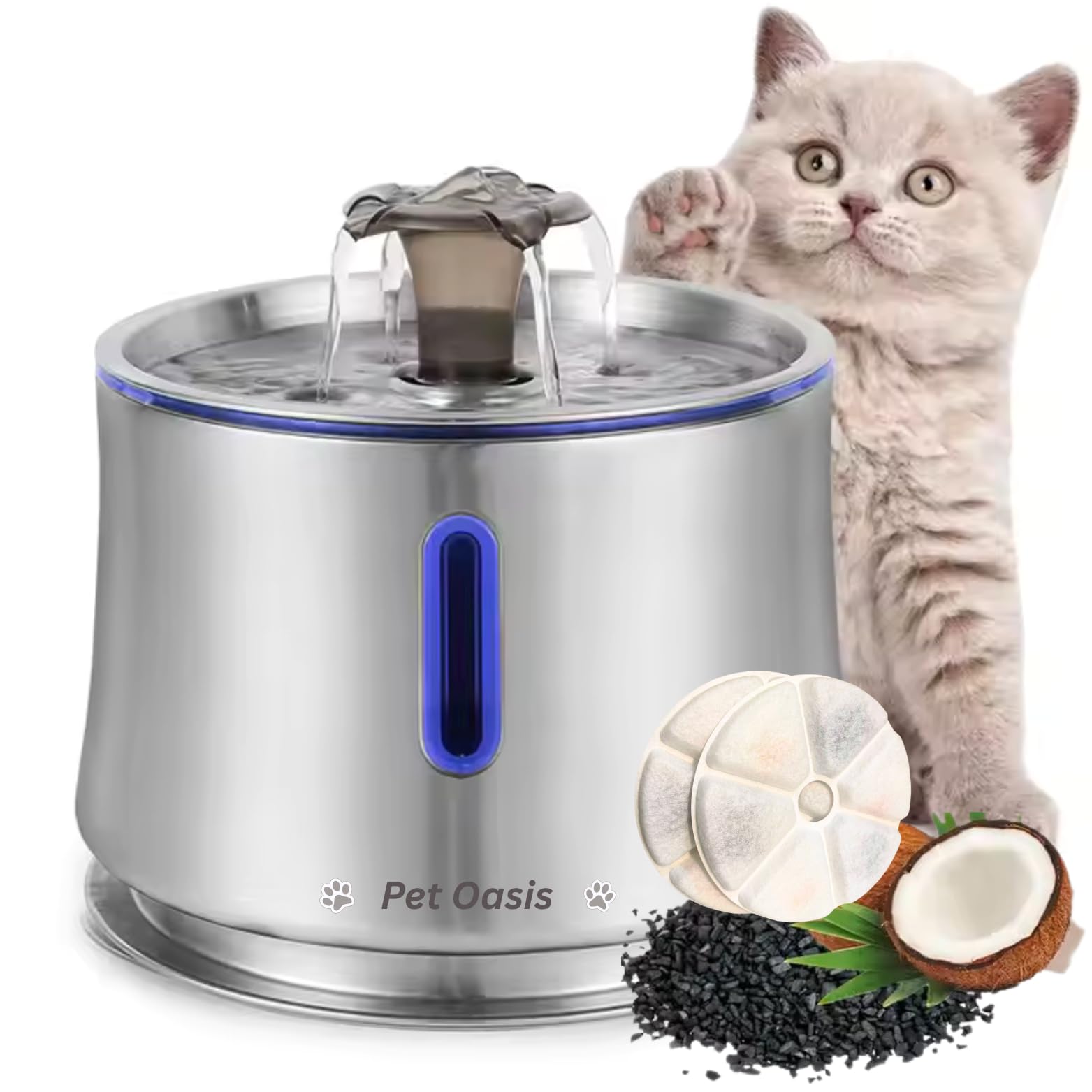 Cat Water Fountain 84oz/2.5L Stainless Steel, Automatic Dog Water Dispenser, Ultra-Quiet Pump, Water Level Window, BPA-Free, Advanced Filtration with 2 Filters for Cats, Dogs & Multiple Pets. - image 3