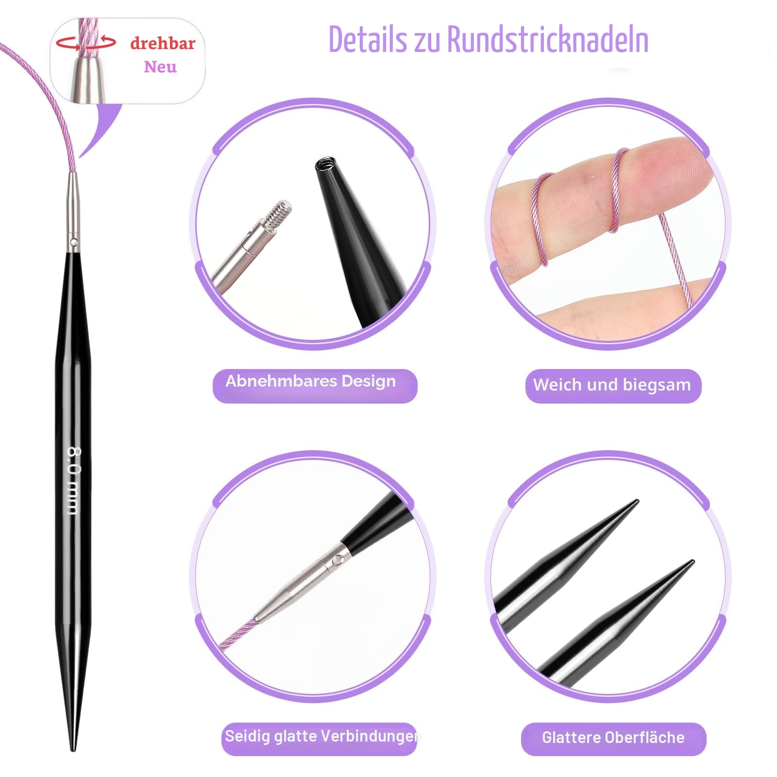 Coopay Rundstricknadeln Set Auswechselbar, 9 Paar Stricknadeln Set Austauschbar, 4 Längen Verstellbar, 3,0-8,0mm Stricknadeln Rundstricknadel aus Aluminium mit Aufbewahrungstasche | Rundstricknadeln, Metall, 3,0 mm - 8,0 mm, 9 Größen, Set mit Etui, Kabeln