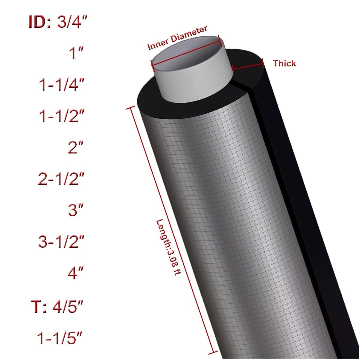 Tubo isolante autoadesivo in schiuma con foglio di alluminio, copertura flessibile per tubi in schiuma da 1,9 cm, 0,94 m, 1 confezione (ID 3/4 "x T 1-1/5")