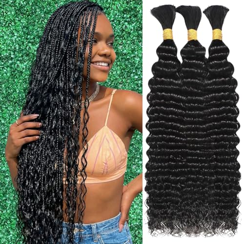 Afihond Human Braiding Hair for Boho Braids 120g Deep Water Wave Bulk Human Hair for Braiding No...