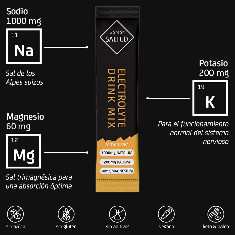 GoMo SALTED Hydration Aid | Electrolitos sin azúcar bajo en calorías | absorción de agua mejorada e hidratación rápida | 30 porciones de polvo deportivo electrolítico con sal alpina suiza | Limón