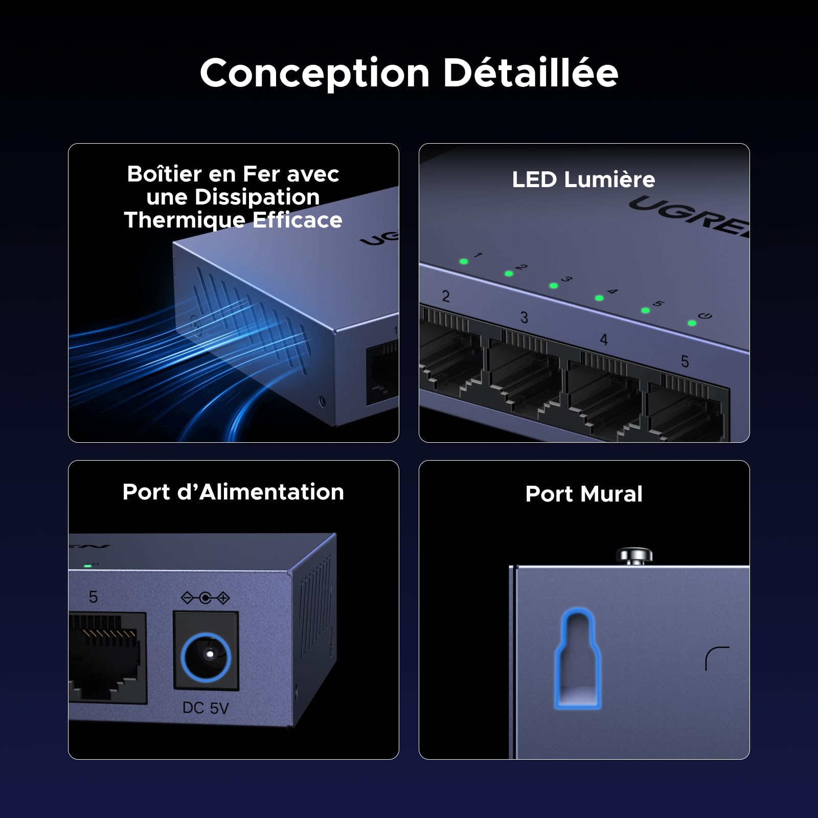 UGREEN 5 Ports Switch Ethernet Gigabit Hub Ethernet 1000Mbps Administrable Web Switch RJ45 Plug et Play Support VLAN QoS Link Aggregation IGMP Snooping Boitier Métal