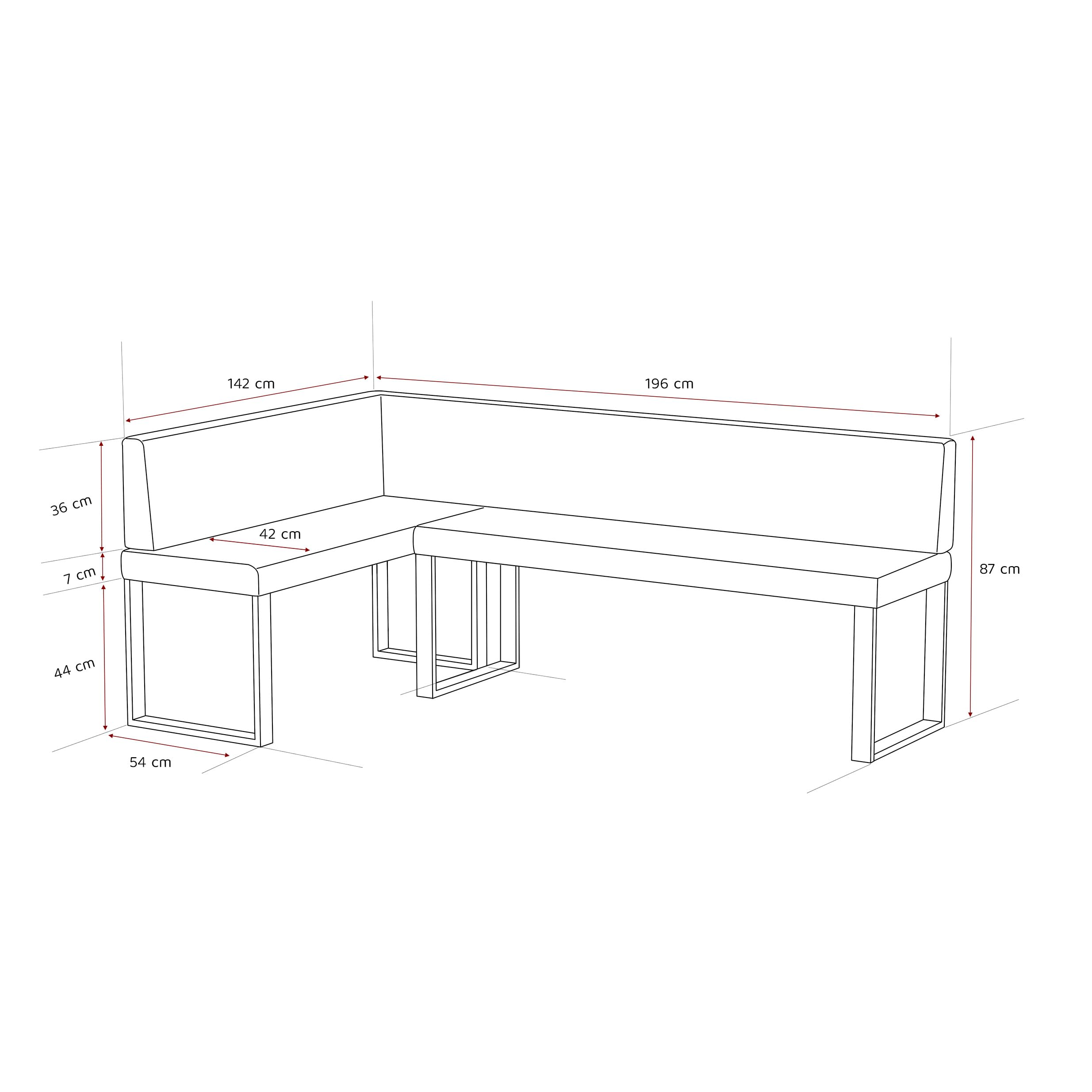 Rechts/Links 142x196 cm Esszimmerbank mit Rückenlehne auf Metallbeinen - universelle gepolsterte Eckbank fürs Esszimmer - Sitzhöhe 42 cm
