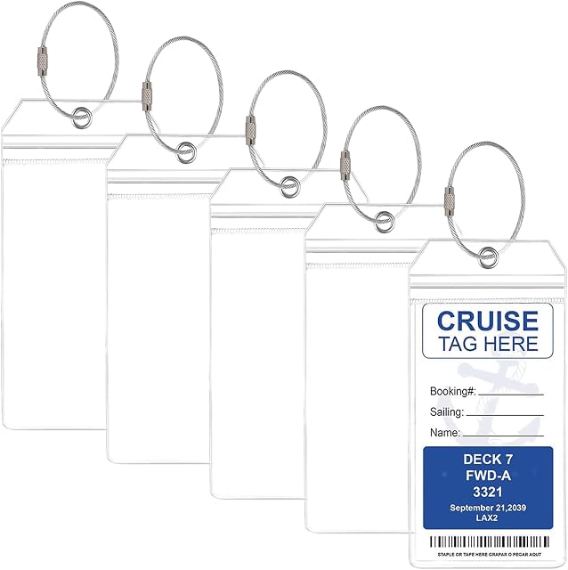 5 PCS Cruise Luggage Tag Holders Cruise Baggage Suitcase Label Cruise Travel Accessories Clear Waterproof PVC Pouch with Zip Seal & Steel Loops Luggage Tags for All Cruise Ships (7.2*3.46Inch) (5)