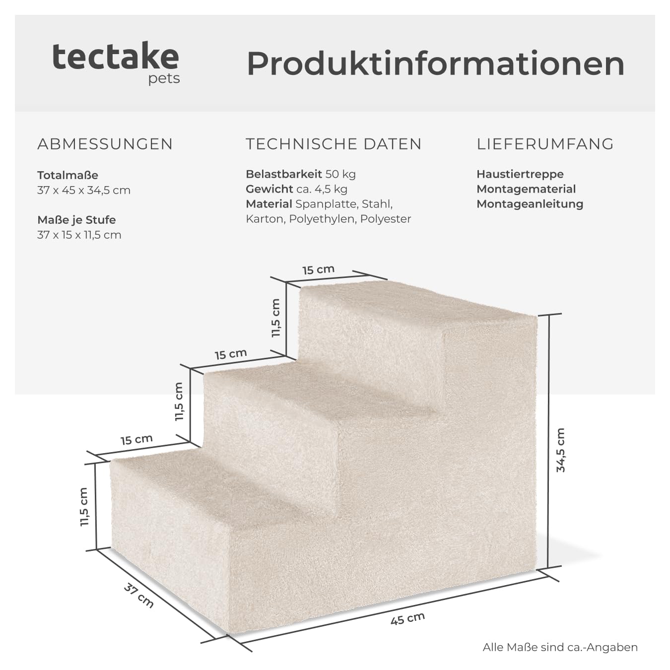 tectake® Hundetreppe oder Katzentreppe, Haustiertreppe, Einstiegshilfe mit waschbarem Bezug, extra Flache Treppenstufen, Tiertreppe für Sofa, Bett oder Auto (Sand, 37 x 45 x 34,5 cm, 3)