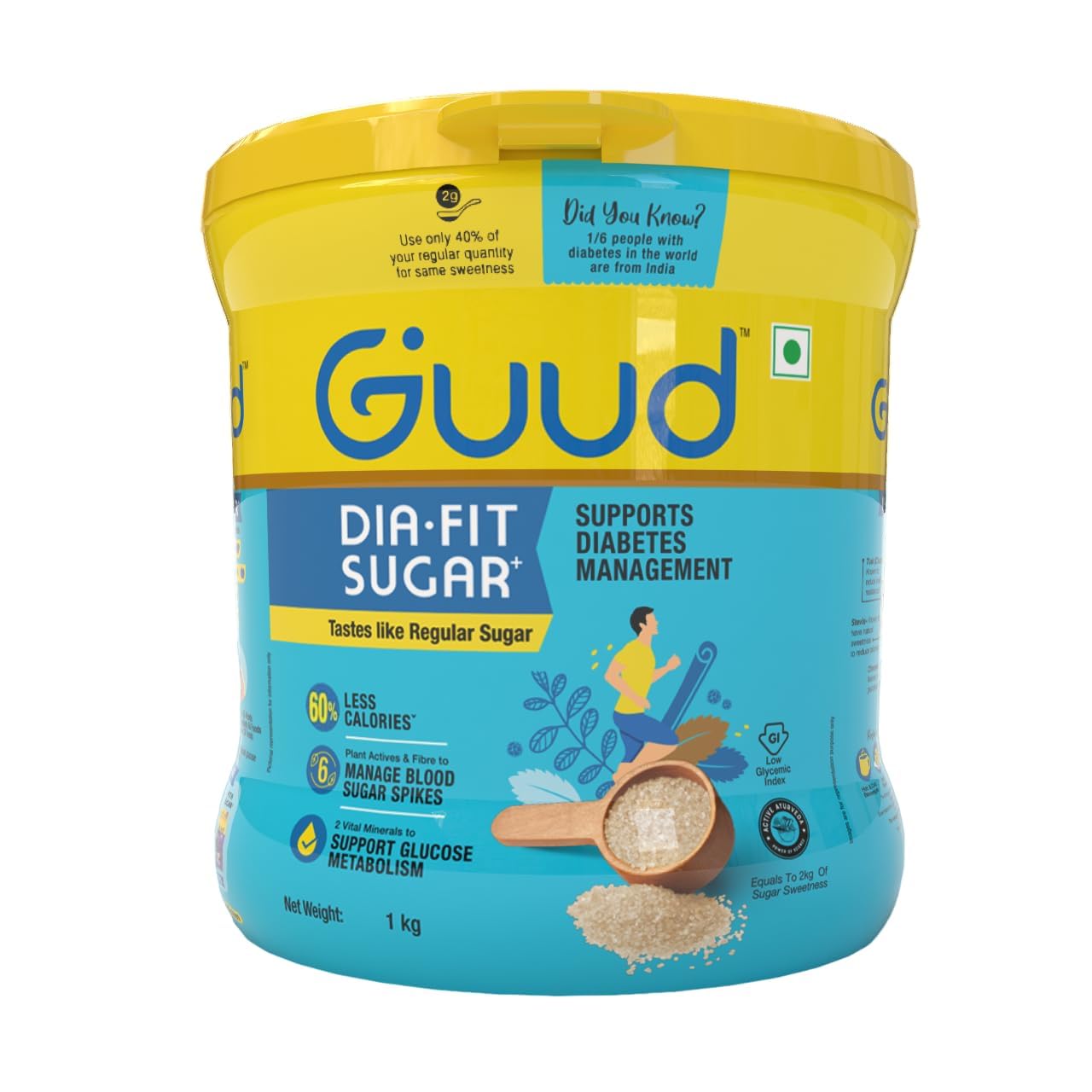 GUUD - DIA Fit 100% Natural Sugar with Ayurvedic Herbs, 1KG | Low GI, 60% Fewer Calories & 1 Spoon Equals 2 Spoons of Regular Sugar in Sweetness | Supports Diabetes Management