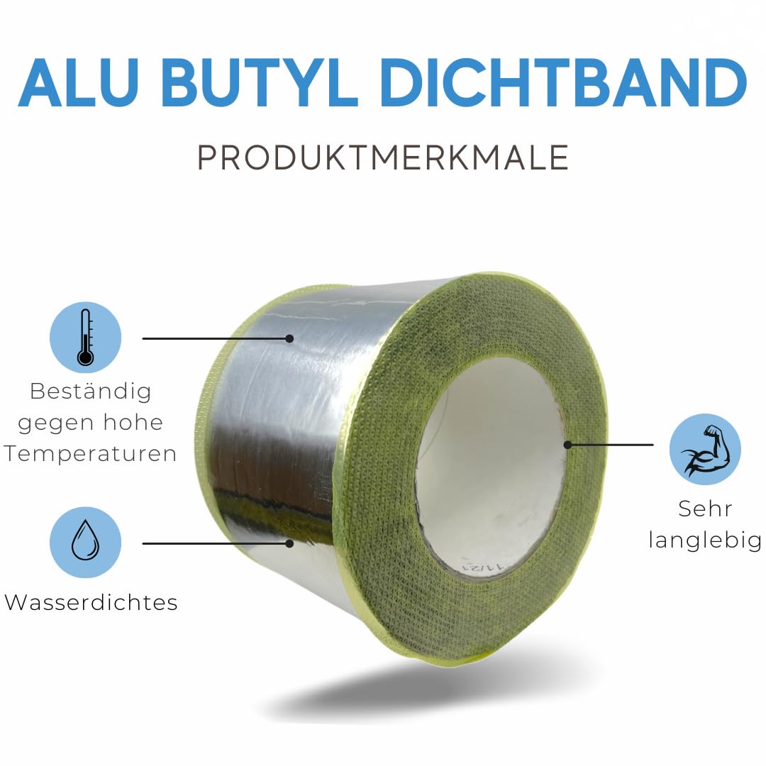 Alu Butyl Dichtband 50mm / 75mm / 100mm x 10m – Selbstklebend, Wasserdicht, UV-beständig – Reparaturband für Dach Fenster Rohr Wohnmobil Boot – Aluband Extra Stark Butylband (50mm - 10m)