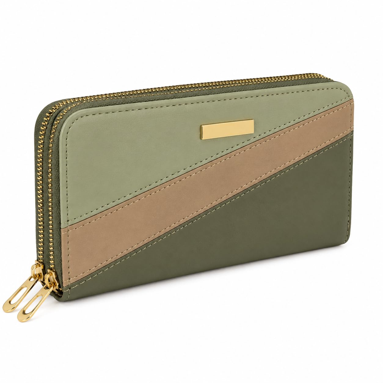 Women's Double Zipper Wallet with 8 Card Slots, Pink (Olive Green)-picture-32