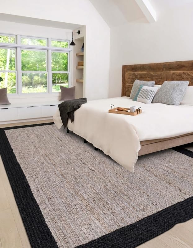 Tapis de sol en jute naturelle fait à la main avec bordure grise et noire, 1,8 x 2,7 m