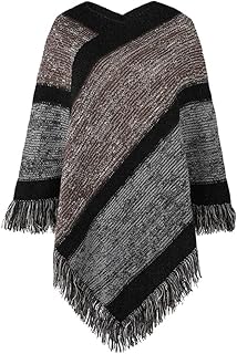 Suéter feminino Suéter poncho de gola alta com capuz e ziguezague listrado feminino com franjas suéter pulôver capa