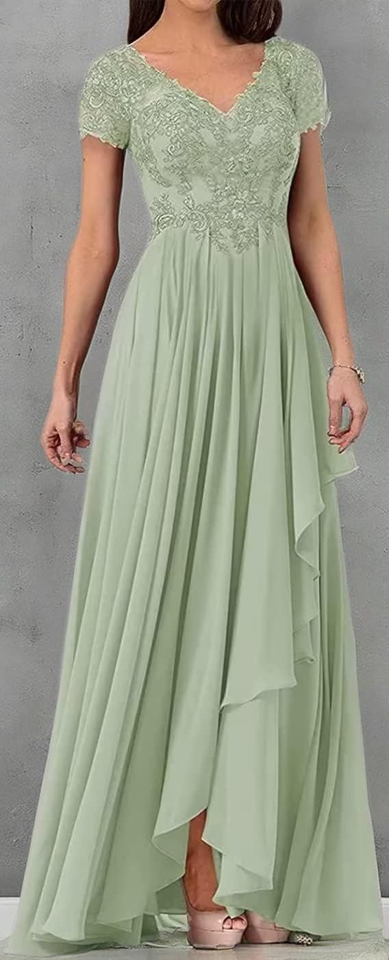 V Neck Lace Applique Long Mother of The Bride Wedding Dresses Women's Cap Sleeve Chiffon Formal Party Dress