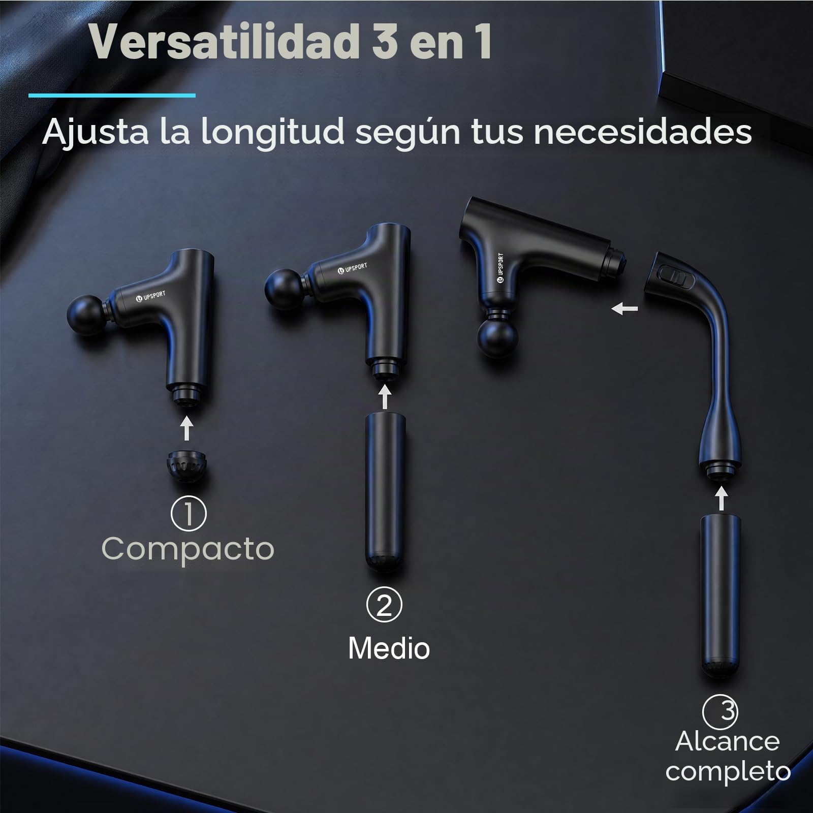 Pistola de Masaje Espalda, Mango Extensible 50cm para Automasaje | Fuerza 7kg Percusión Turbo Tejido Profondo Masajeador Eléctrico Portátil para Recuperación Deportiva, 4 Cabezales USB-C