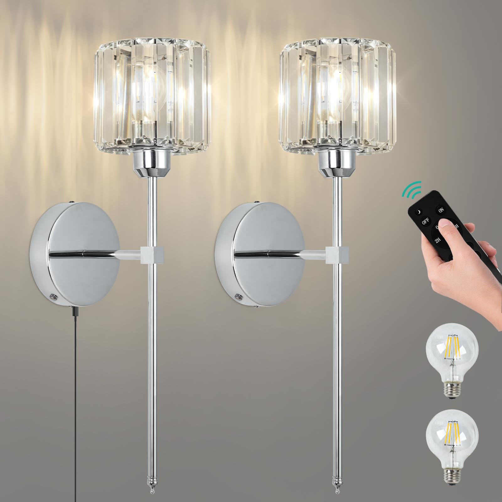 EIDEARAY Battery Operated Wall Sconce with Remote and Dimmable,10000mAh Large Battery Operated,Silver Crystal Wireless Wall Lights for Living Room Bedroom Bedside(2 Pack)