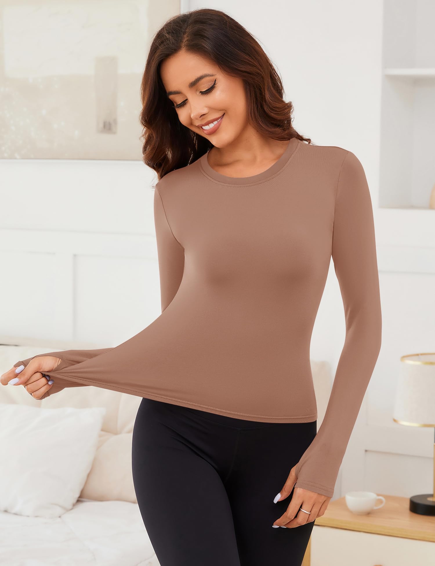 Rapbin Camisetas térmicas para mujer, manga larga, forro polar, para invierno, clima frío, con agujeros para el pulgar, XS-L