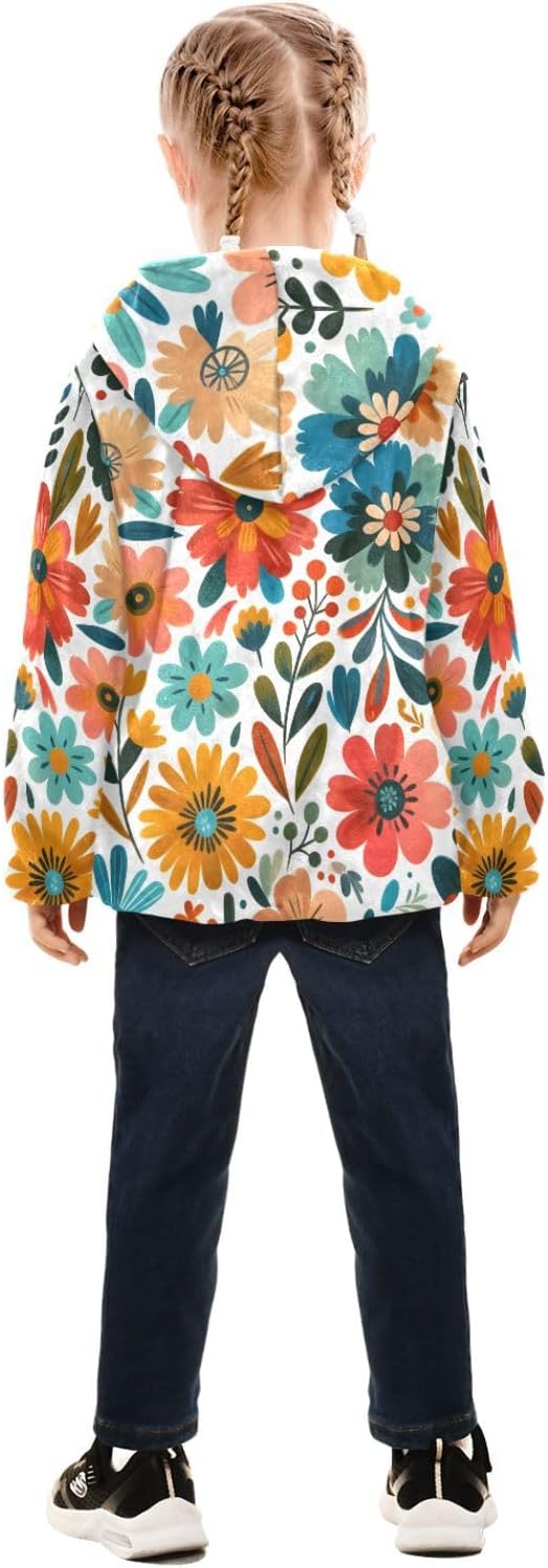 ALAZA Colorful Wild Floral Flowers Hoodie Jacket for Girls Toddler Fleece Zip Up Coat Plush Jacket for 3 Years