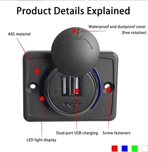 Miniatura 3 de Enchufe de cargador de auto dual USB con panel, toma de corriente de 3.1 A con tapa, adaptador de cargador rápido de coche de 12 V-24 V con