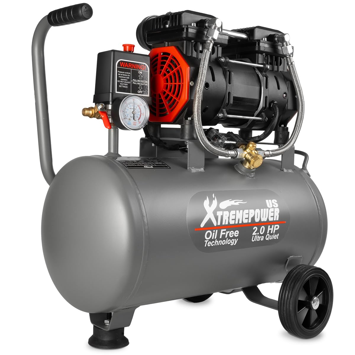 XtremepowerUS 2HP Ultra Quiet Air Compressor Tank Oil-Free Steel 60 dB Tank 7 Gallon, 4.9 CFM at 116 PSI, Ideal For Shop, Garage, Nail Gun, Pneumatic