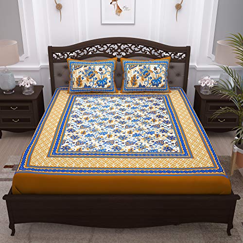 Image of Story@Home Pandora Collection 152 TC 100% Cotton Bedsheet for Double Bed with 2 Pillow Covers (90 X 108 Inch, Yellow & Blue)