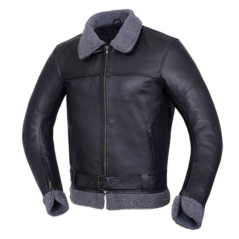 Jet Giacca da moto in pelle da uomo, protezioni rimovibili, colletto e fodera in montone, cintura in vita, stile vintage, in pelle di alta qualità, AVENGER, Nero , L