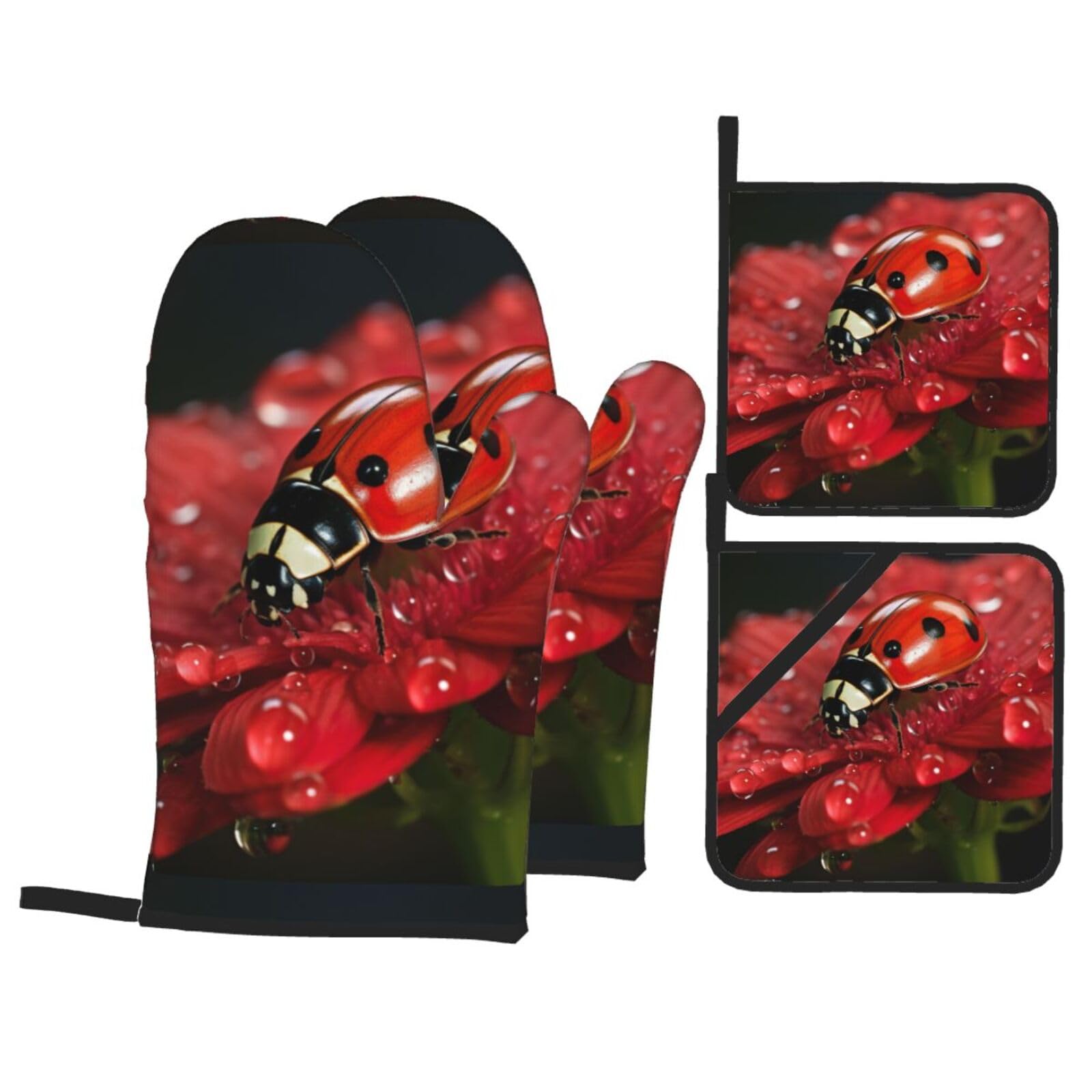 Ladybug Flower Print Kitchen Oven Mitts And Pot Holders Set,Hanging Loop Design For Cooking Baking Bbq