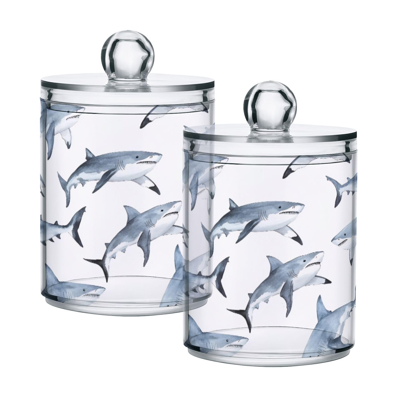 Msyxl 2 Pack Shark Apothecary Jars with Lid, Qtip Holder Storage Containers for Cotton Ball, Swabs, Pads, Clear Plastic Canisters for Bathroom Vanity Organization (10 Oz)