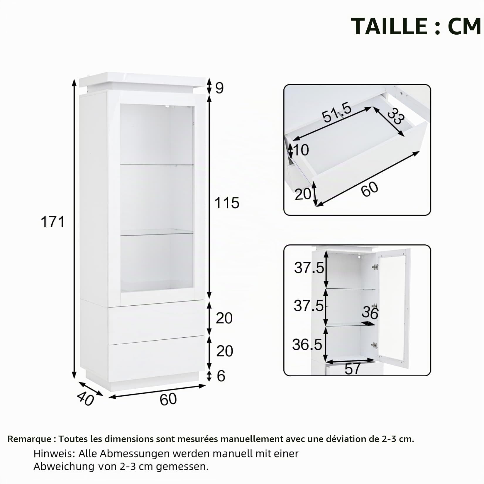 Buffet Salon Hauts 60x40x171cm,Vitrine Brillante,Meuble de Rangement,Meuble Cuisine avec éclairage LED Réglable,2 Tiroirs,Étagères en Verre à 3 Niveaux,pour Salon(E-Blanc)
