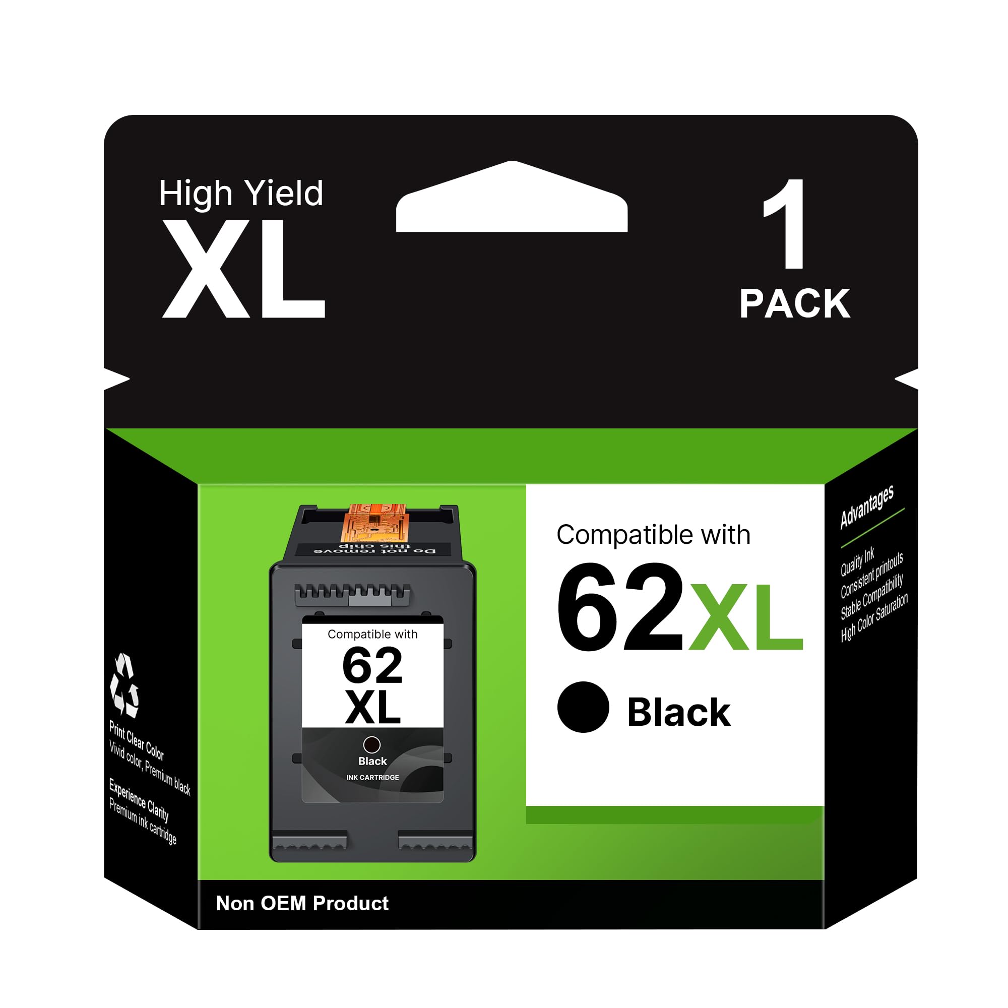 62XL Tintenpatrone Ersatz für HP 62 Druckerpatronen Schwarz für HP 62XL 62 | Ersatz für HP 62 Schwarz für HP Envy 5540 5640 7640 5544 5545 5548 5646 für HP OfficeJet 200 250 5740 5742 (1 Pack, Schwarz)