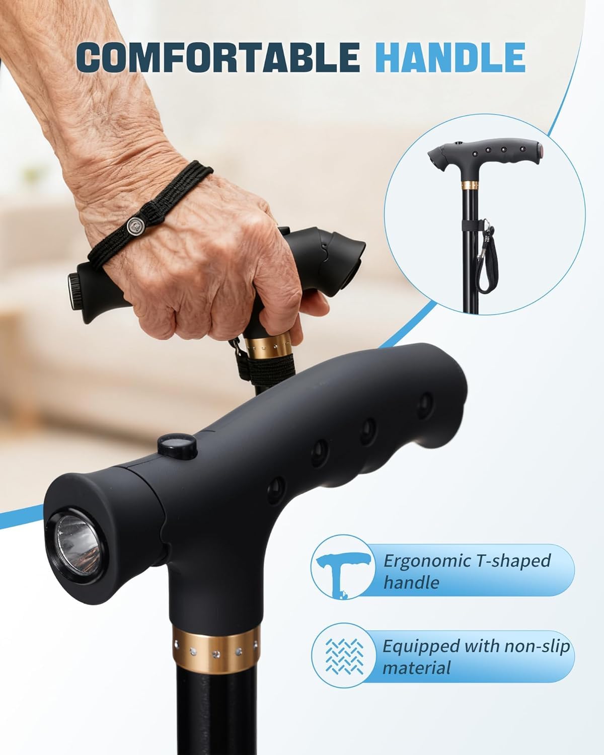 Sinocare Bastones Caminar Extensibles Hombres Mujeres Mayores | Bastón Aluminio Ligero Extensible (83-95cm) Base Giratoria 360° Antideslizante Capacidad 113kg Trekking Negro