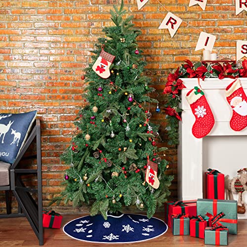 N&T NIETING Christmas Tree Skirt, 30 Inch Rustic Burlap Tree Skirt with Snowflakes Printed Christmas Tree Mat for Xmas Holiday Party Decoration, Dark Blue