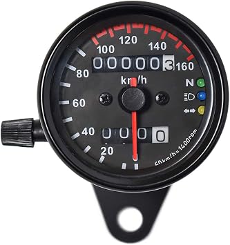 0021 KM/H Diameter 2.56 Inches Mechanical Motorcycle Speedometer Dual Odometer Gauge with Led Backlight Neutral Headlight Turn Signal Indicator Stainless 12V Black