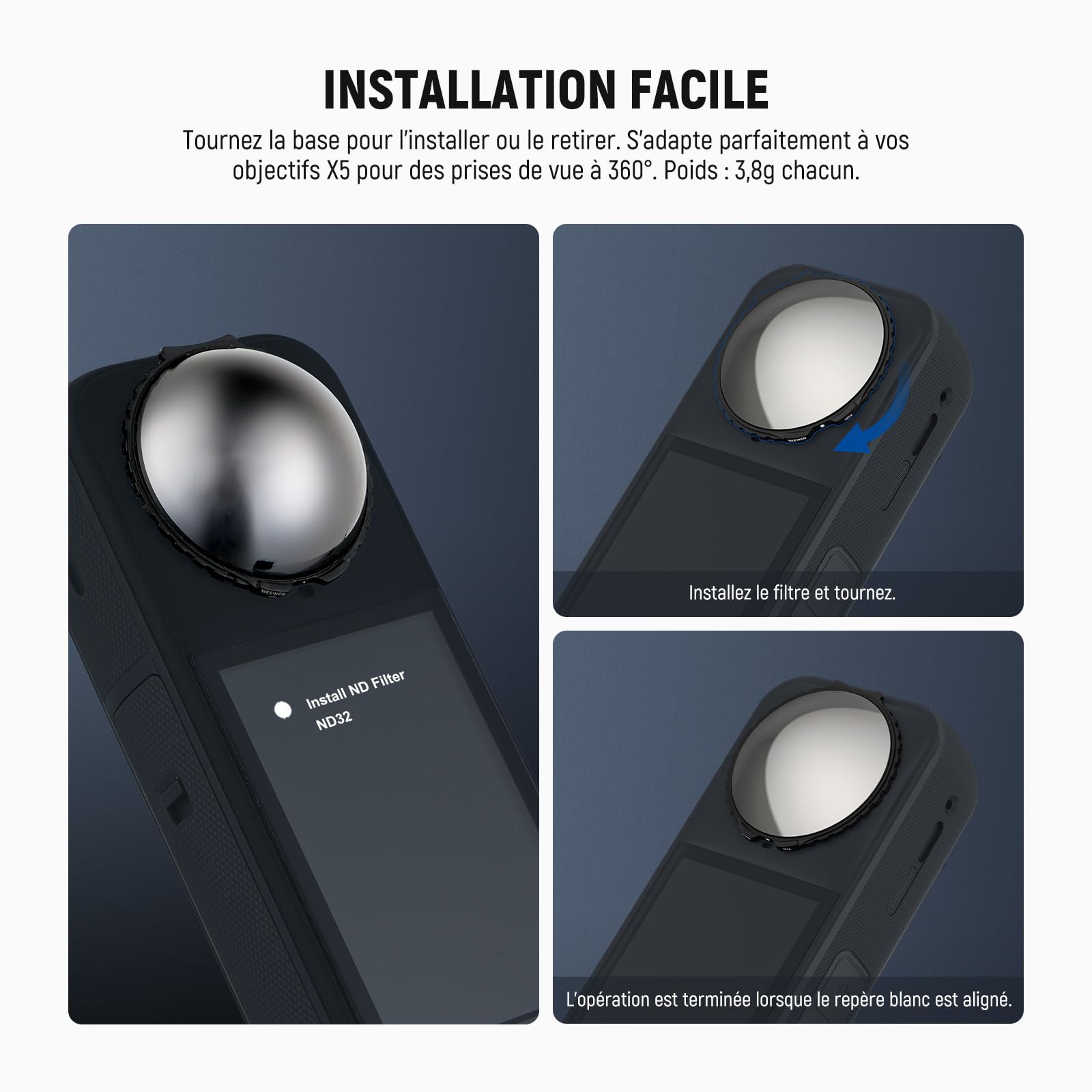 NEEWER Filtres ND compatibles avec Insta360 X5,kit de filtres ND32,réduction de la lumière de 5 diaphragmes,détection Automatique, Verre Optique Multicouche, Accessoires pour caméra d'action,2 Pack