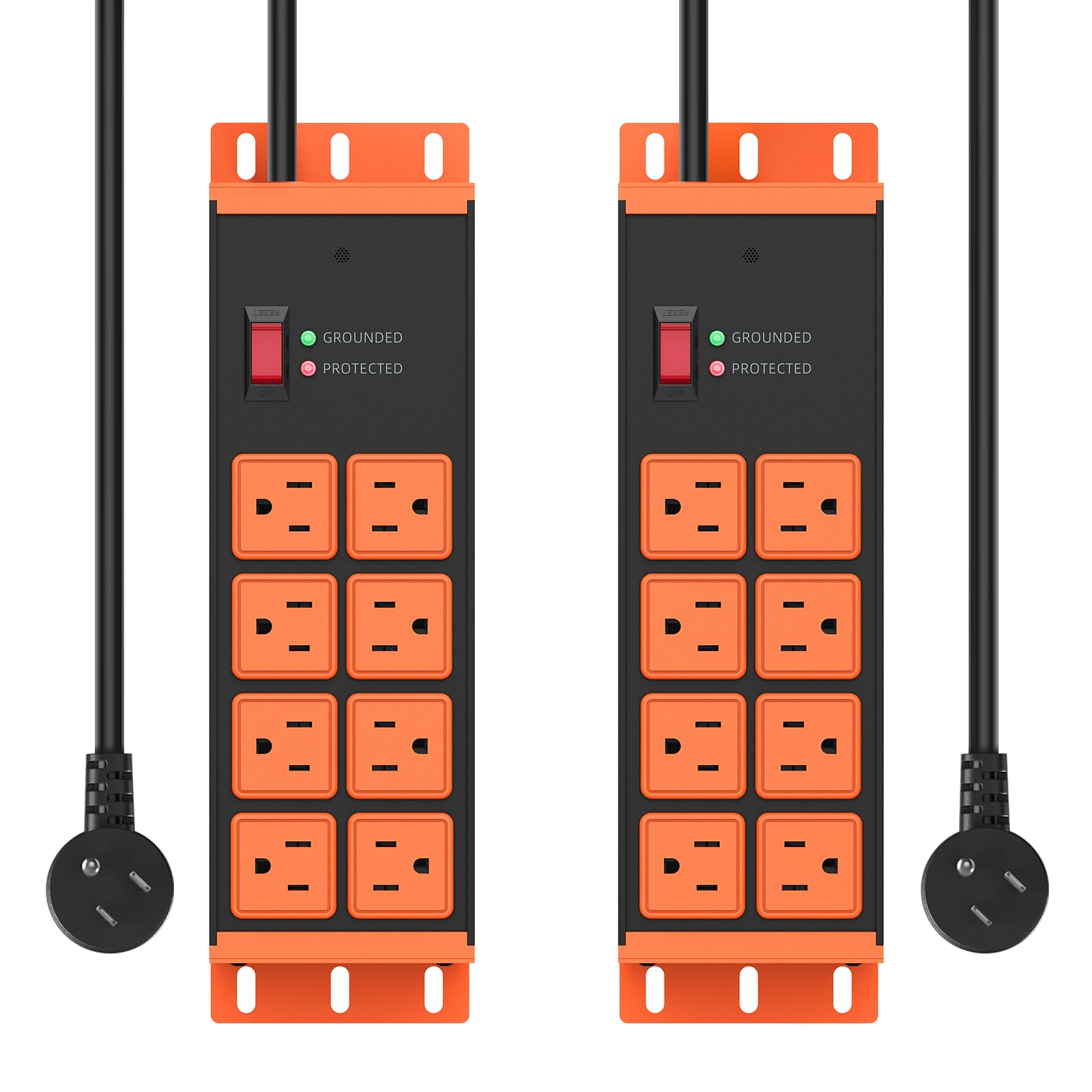 Lot de 2 multiprises robustes à 8 prises, protection contre les surtensions 4800J, multiprise industrielle en métal de 15 A, rallonge de 1,8 m, homologuée ETL