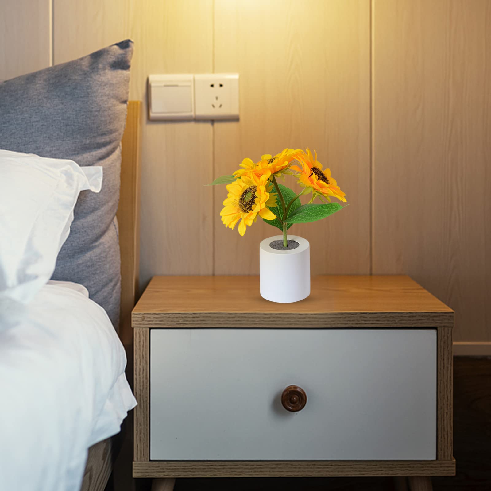 Lampada da tavolo a forma di girasoli, 3 teste con 27 LED, dimmerabile, luce notturna, ricaricabile tramite USB, con base, per camera da letto, soggiorno, scrivania, luce calda