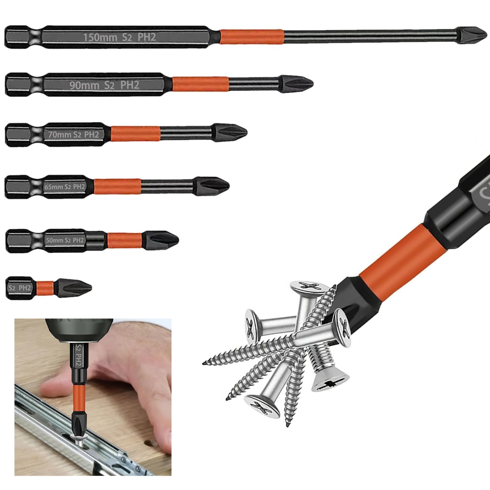 Magnetic Screwdriver Driver Bits Bit, Non-Slip Drill 25-150 mm Long Impact Phillips Screwdriver Bit, Non-Slip Drill Head Bits Screw Extractor Cross Slot Screwdriver for Power Screwdriver Black 6 Pcs