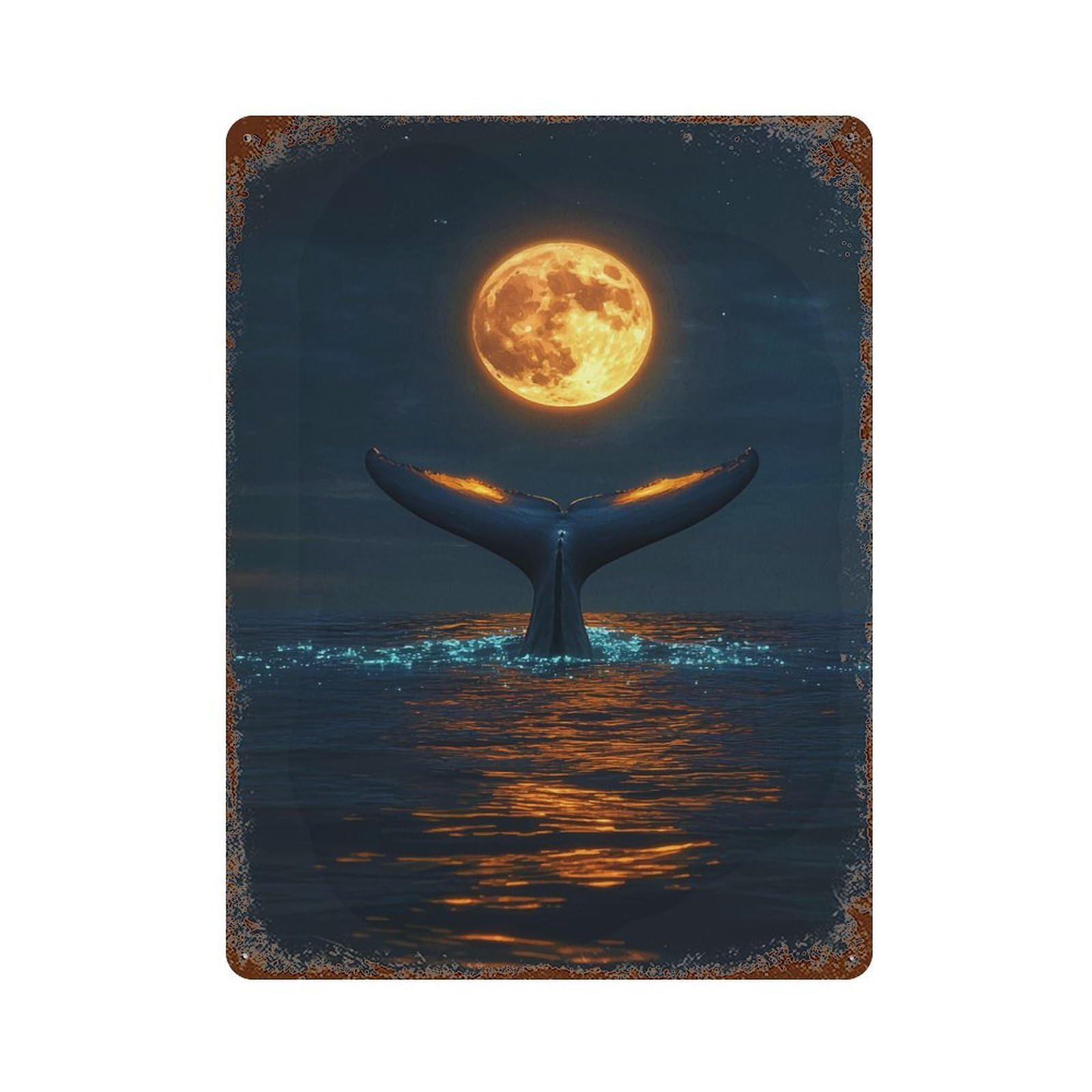 Whale Tail Under Full Moon Rust Effect Tin Sign 15.7"x11.8", Old School Wall Decor for Living Room, Hallway And Home Decor