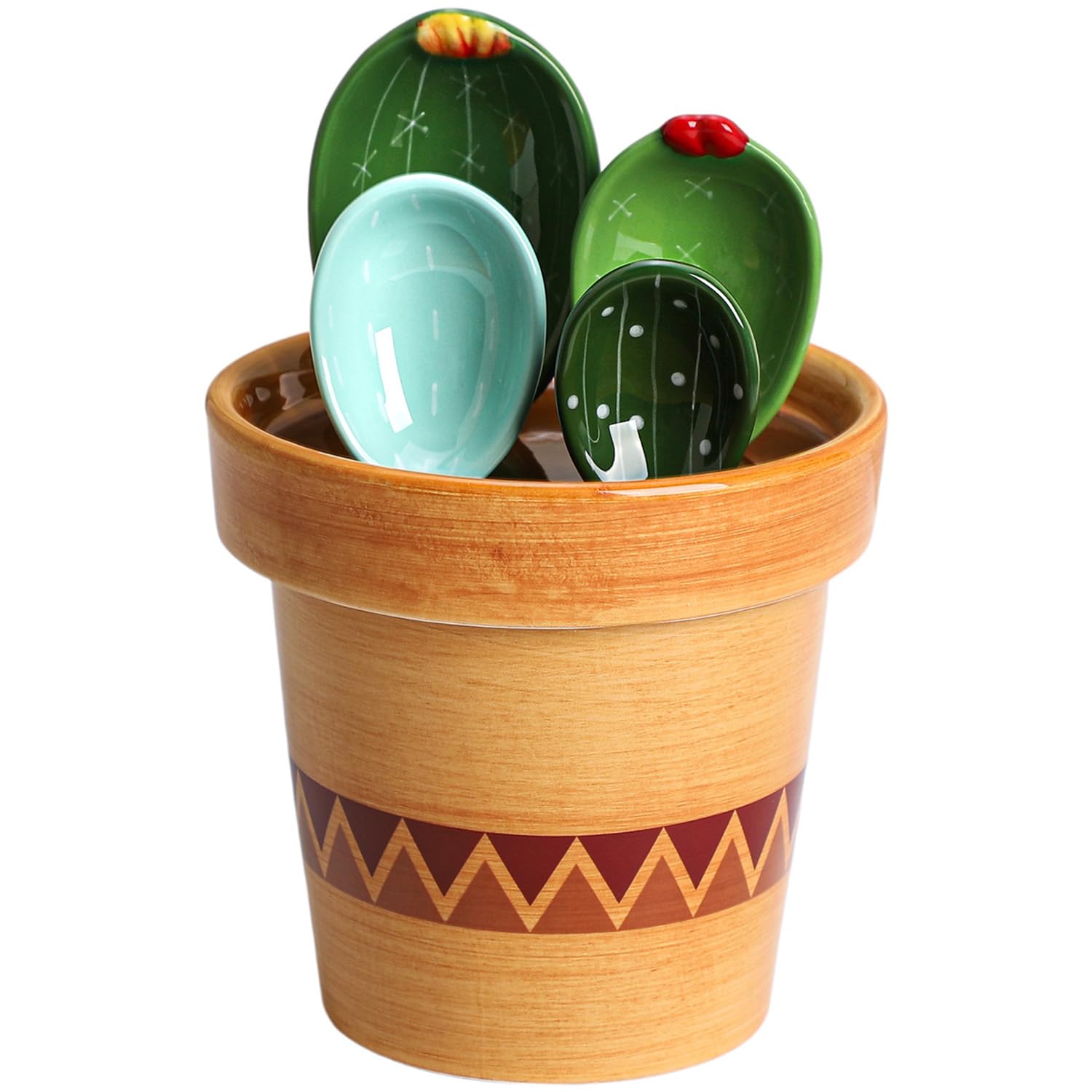 Sizikato 4pcs Porcelain Measuring Spoons with Base, Cute Cactus Shape