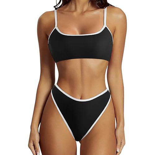 SUUKSESS Women High Waisted 2 Piece Bikini Set Cheeky High Cut Bandeau Swimsuit