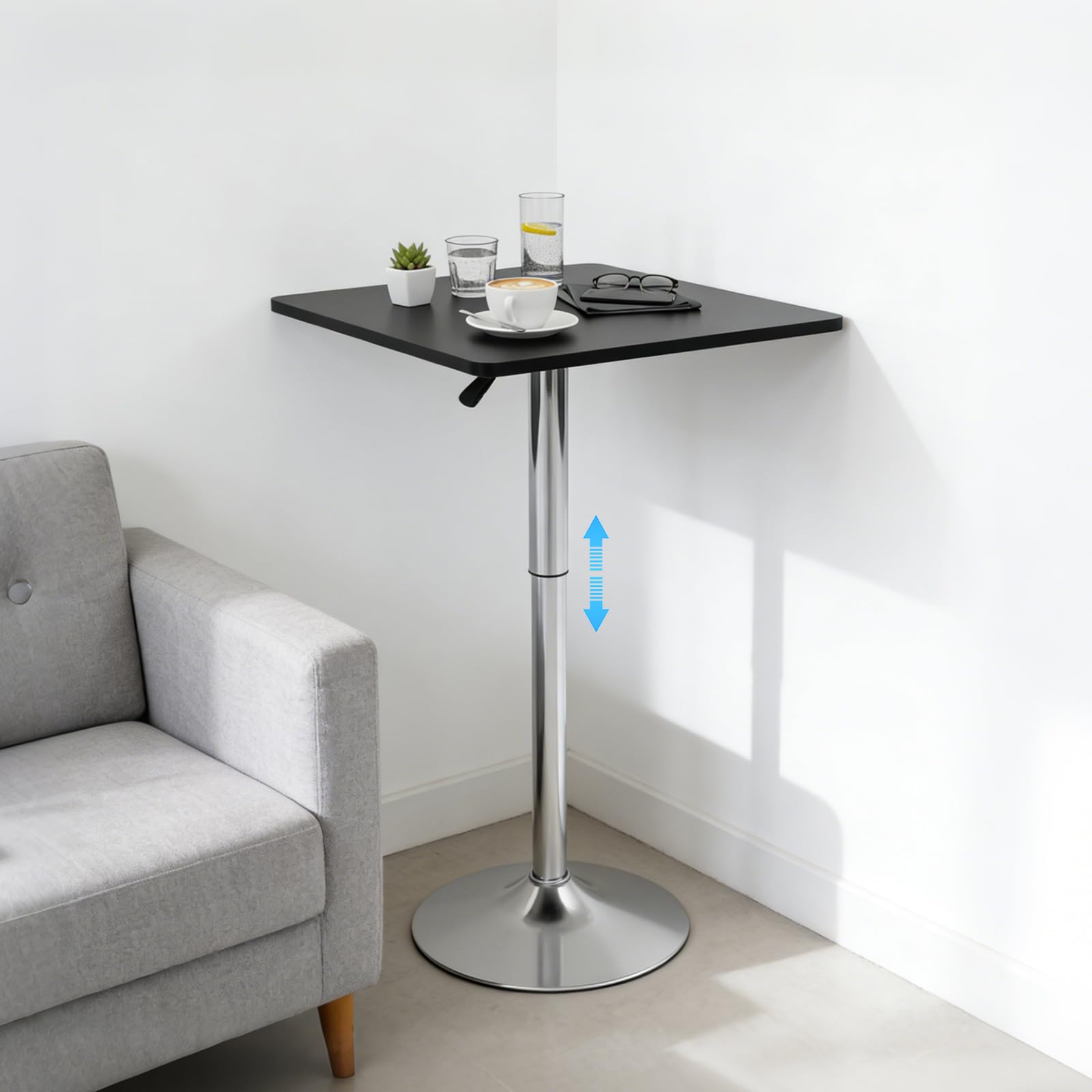 Bar Mesa alta, mesa de bar, mesa alta, cocina, mesa cuadrada, 60 x 60 cm, altura ajustable 67 – 91,5 cm, estructura sólida, pie de metal, para sala de estar, cocina, dormitorio, casa, mesa