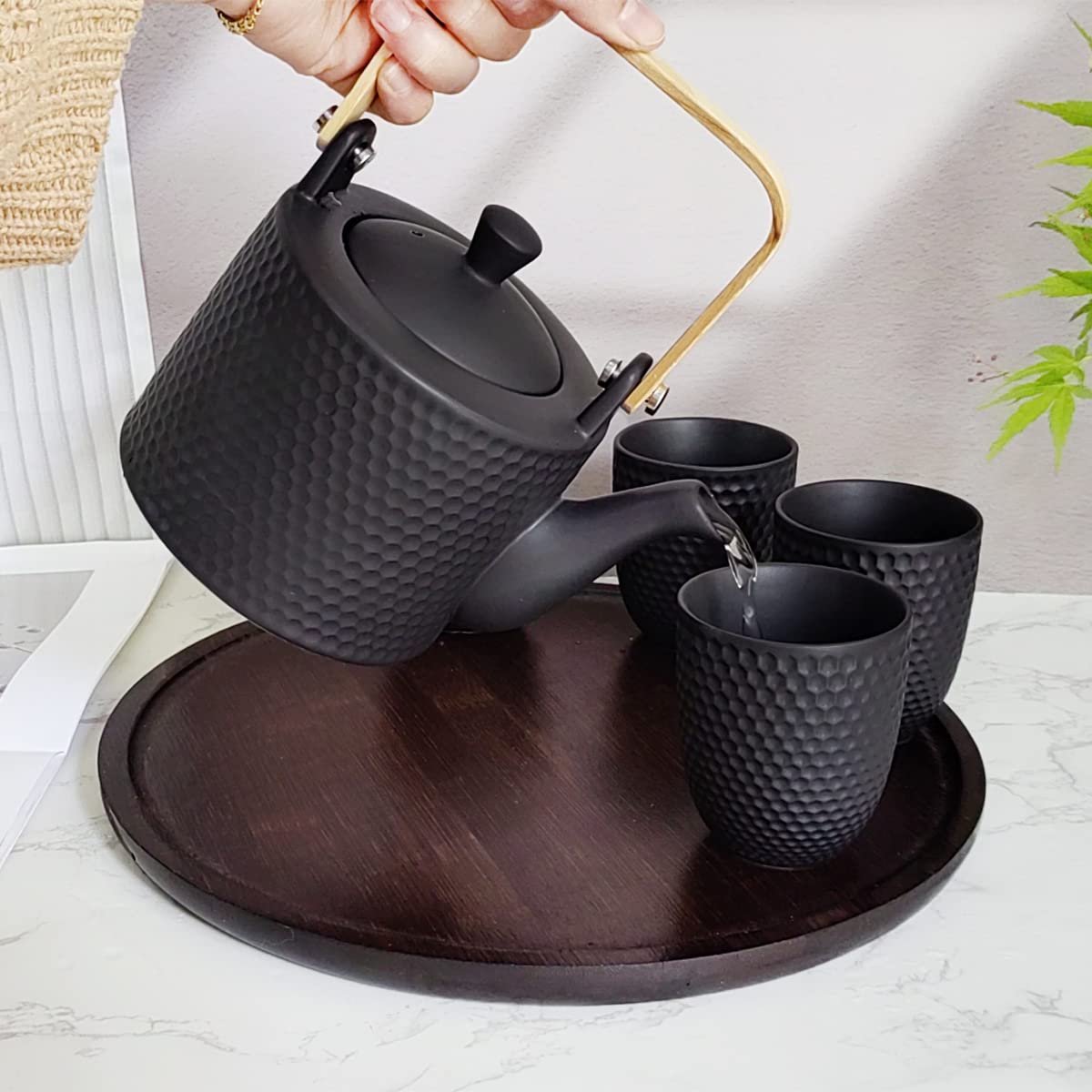 Service à Thé Japonais en Céramique Noire | Set de thé chinois en porcelaine vintage, set de théière avec 1 théière 900ml, 4 Tasses, 1 infuseur, pour amateurs de thé