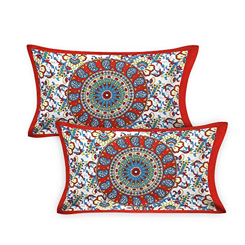 Image of RajasthaniKart Pure 100% Cotton Double Bed Sheet with 2 Pillow Covers (Bedsheet for Double Bed Cotton, Jaipuri, King Size, Red Ghera)