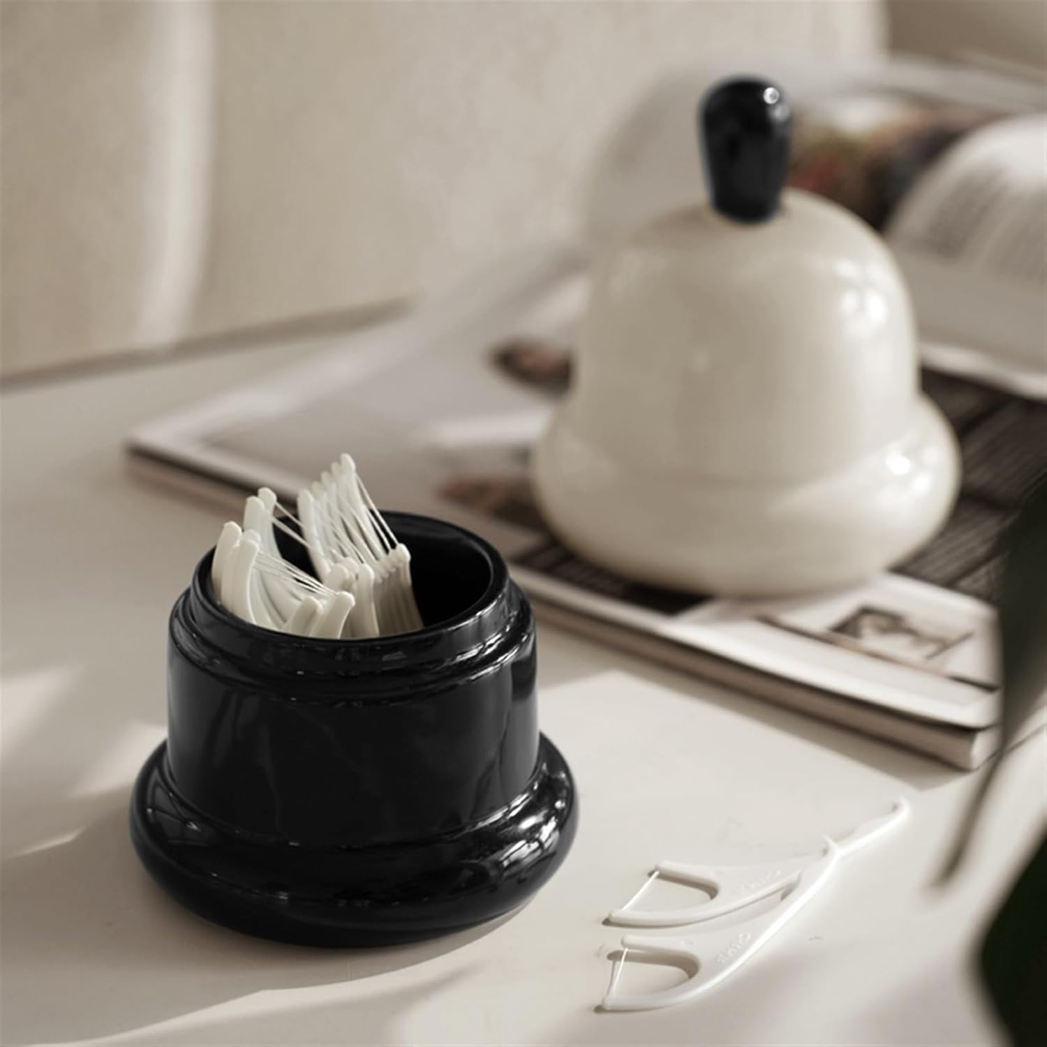 つまようじホルダー セラミックつまようじ瓶綿棒収納ボックスデンタルフロス収納ボックスかわいいホームリビングルームデスクトップつまよう