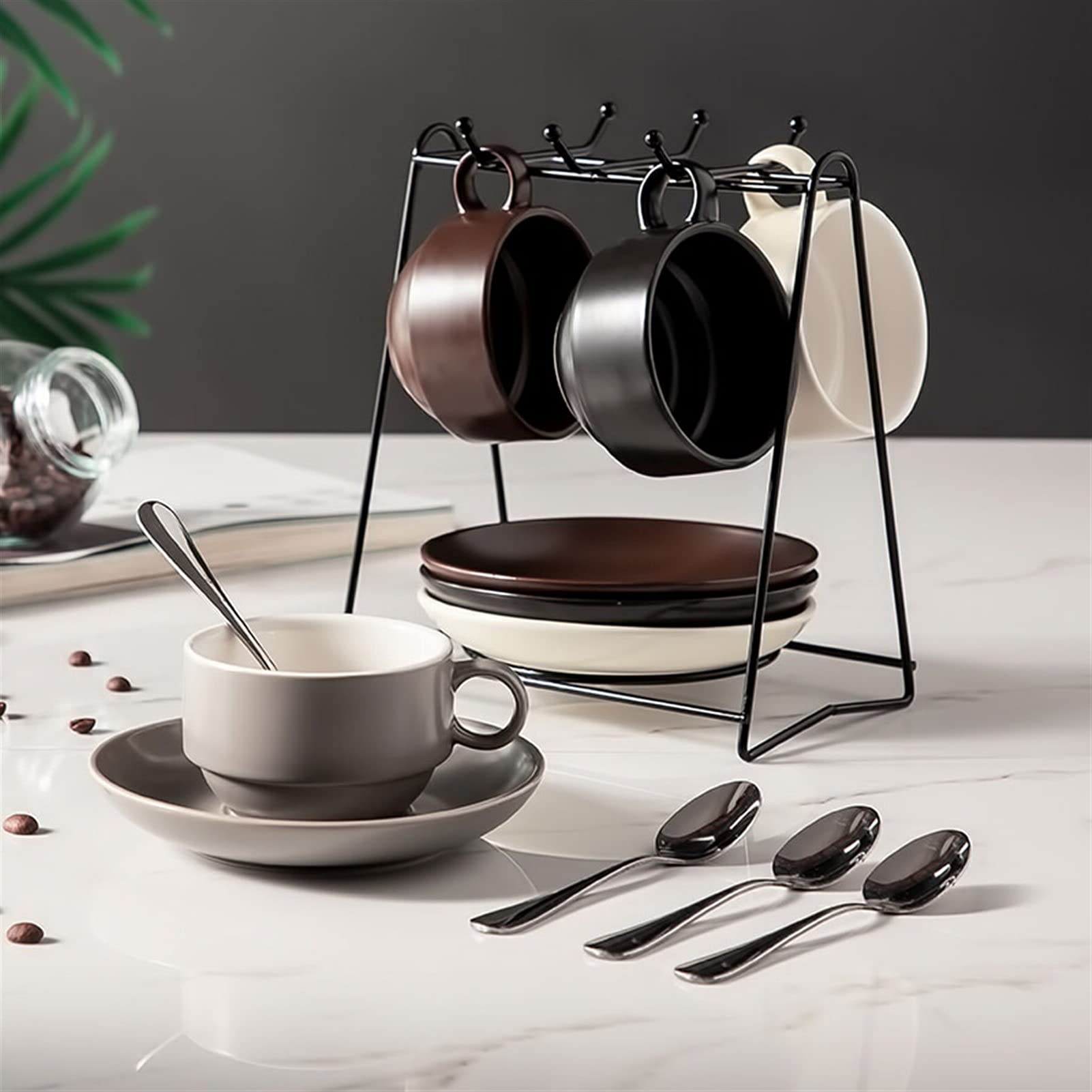 Kubek do kawy ceramiczny kubek do kawy spodek uchwyt na kubek zestaw 8 z łyżeczką do kawy i uchwytem na kubek do kawy, odpowiedni do kawy, popołudniowej herbaty