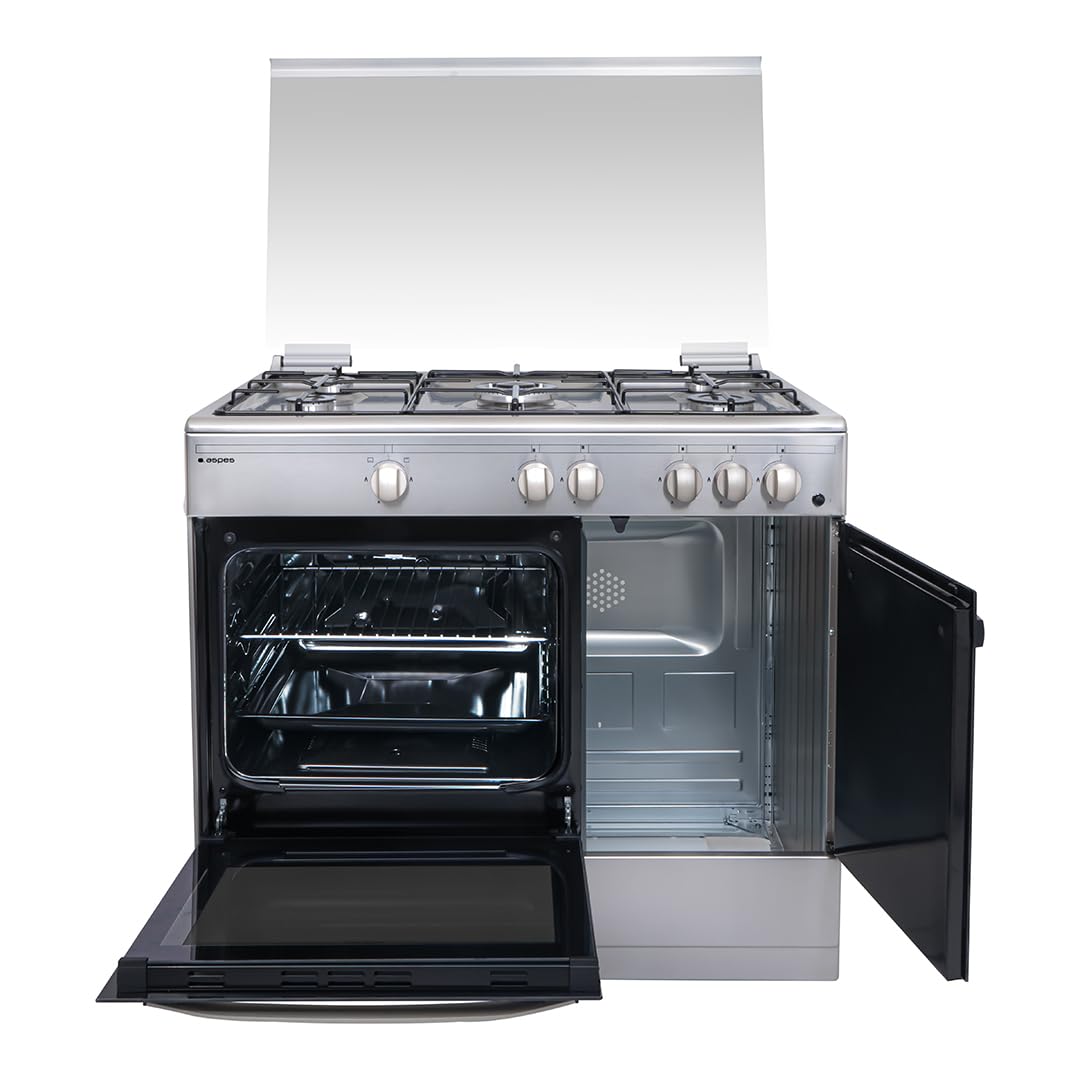 Aspes Cocina Gas Butano 5 Zonas de Cocción, Horno 62 L, Inox AKGW5900PBX. Control Manual, Quemador WOK triple llama, 2 Programas de Cocción, Compartimento Bombona, Tapa Abatible