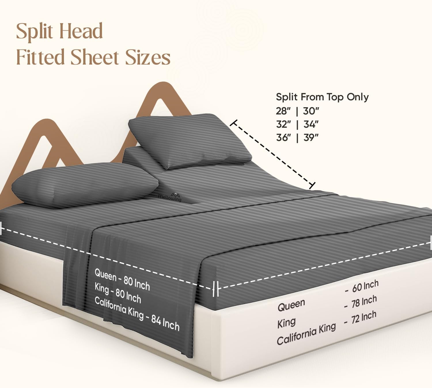 800 TC Top Split Head King Sheets for Adjustable Beds Split Head Flex Sheet Set 100% Cotton 4 Piece Hotel Luxury Half Split Sheet Set Fits Up to 15" Deep Mattress (King 30"- Dark Grey Stripe)