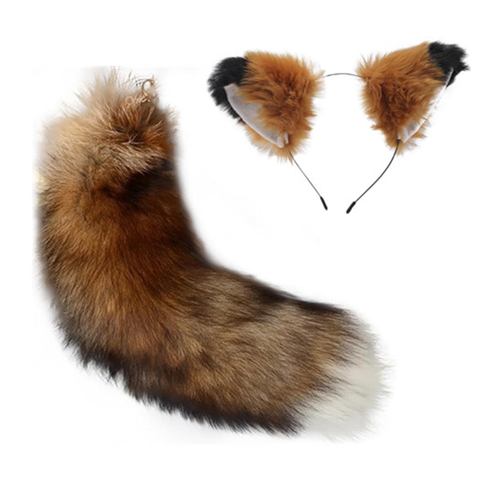 Bonlting Cat Ears and Fox Animal Tail Set Fluffy Fox Tail Cosplay Costume Accessory Keychain Brown
