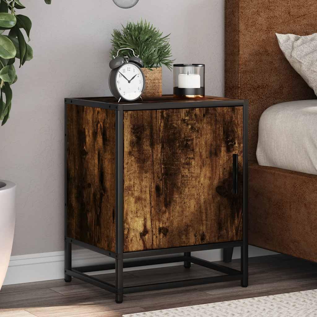 Fengshui Nachttisch Räuchereiche 40x31x50 cm Holzwerkstoff Metall | Stabile Oberplatte, praktische Tür, reichlich Stauraum, inklusive Wandhalterung